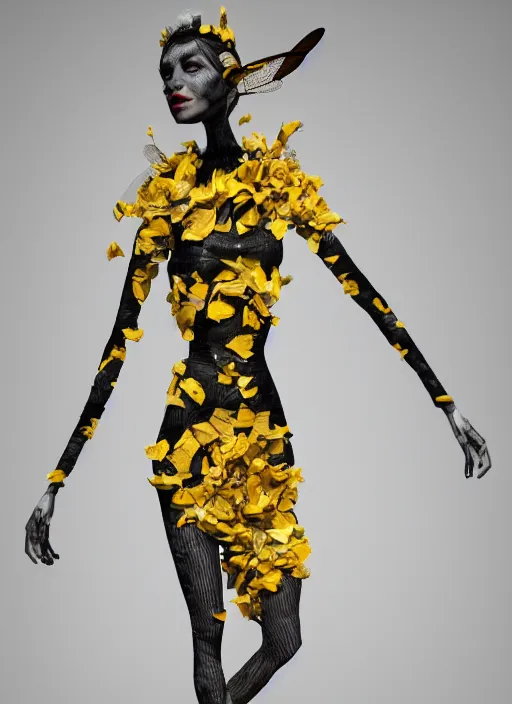 Image similar to an anthromorphic beautiful bee woman wearing striped couture made out of wax and paper and flower petals, at a fashion shoot, trending on Art Station, 3D, octane render,