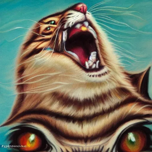 Image similar to laughing flying cat's head, fantastic art, UHD