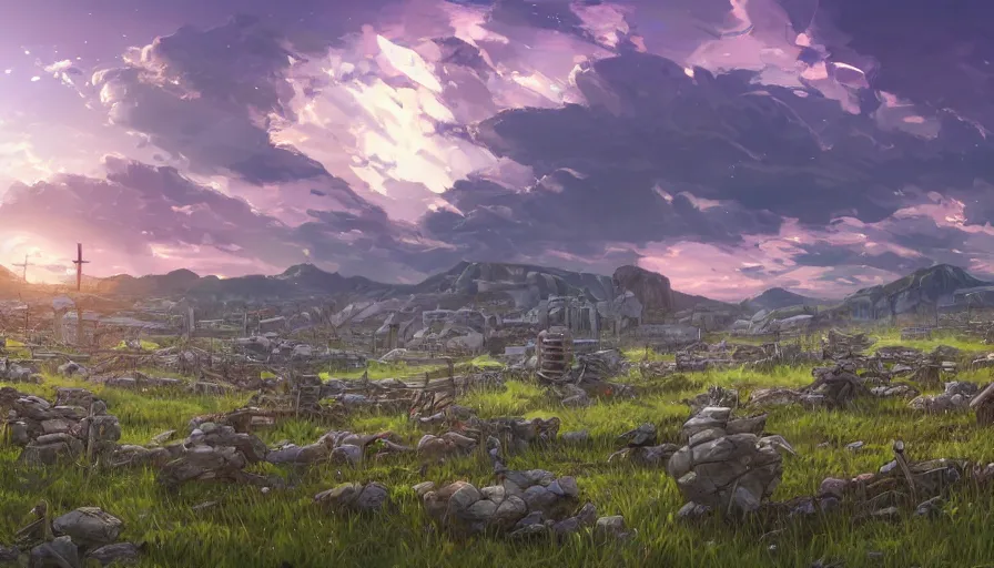 Prompt: the beautiful, chilling, panoramic view of a field covered with dead soldiers calvary and rocks at dusk. hyperrealistic anime background illustration by kim jung ki, borderlands, colorful, extremely detailed intricate linework, smooth, super sharp focus, bright colors, high contrast, matte, octopath traveler, unreal engine 5 highly rendered, global illumination, radiant light