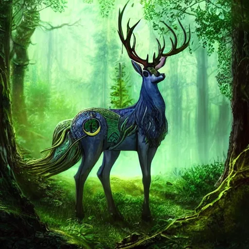 Image similar to beautiful elven celestial stag. beautiful highly detailed forest background. green and blue light. accurate, sci - fi concept art, intricate, elegant, long shot 8 k rendering.