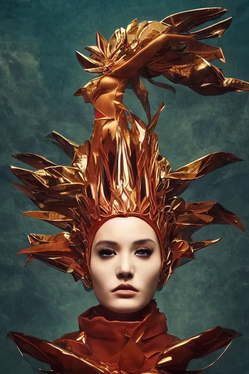Prompt: an attractive powerful young slim 30yo female goddess of fire wearing a divine costume with a magnificent hood, feminine divine, award winning contemporary art close up headshot matte painting by Alessio Albi, Ross Tran, and WLOP, her outfit is intricate and was designed by Frank Stella and Masaaki Yuasa, portrait, trending on artstation, volumetric gel light