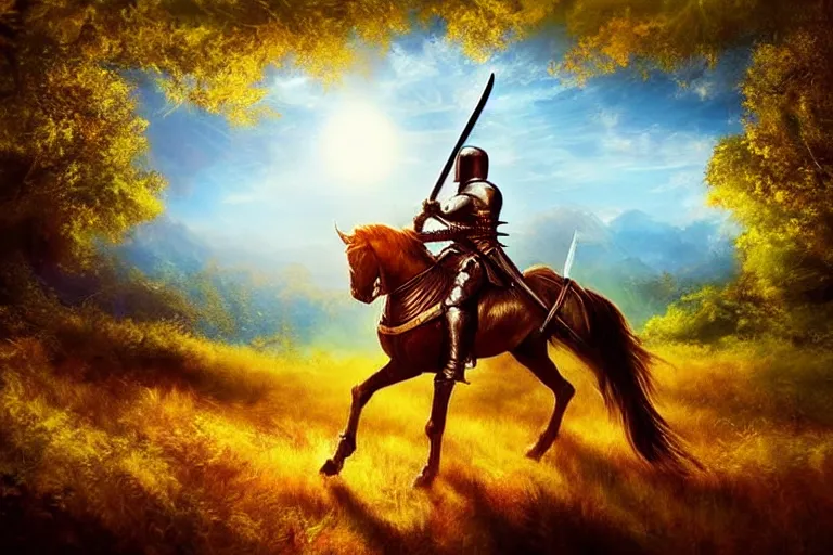 Prompt: knight, sword, fantasy, painting, ultra realistic!!!, clear weather, golden hour, sharp focus