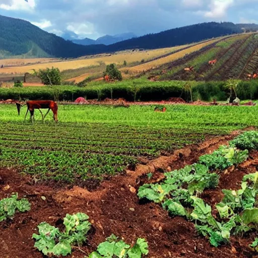 Image similar to biodynamic farm, beautiful, astrological features in the sky, vivid color schemes, rows of vegetable crops, grazing sheep, fruit trees