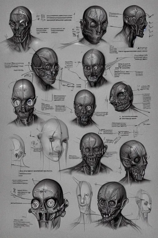 Image similar to facial anatomy with gunmetal grey skin, medical anatomy, very symmetrical face, highly detailed, three - perspective / three - view reference sheet ( front / back / side ), in the style of dan ouellette, steven jung, amanda lilleston, hr giger, sil from species, dren from splice, mecha, artstation, unreal engine