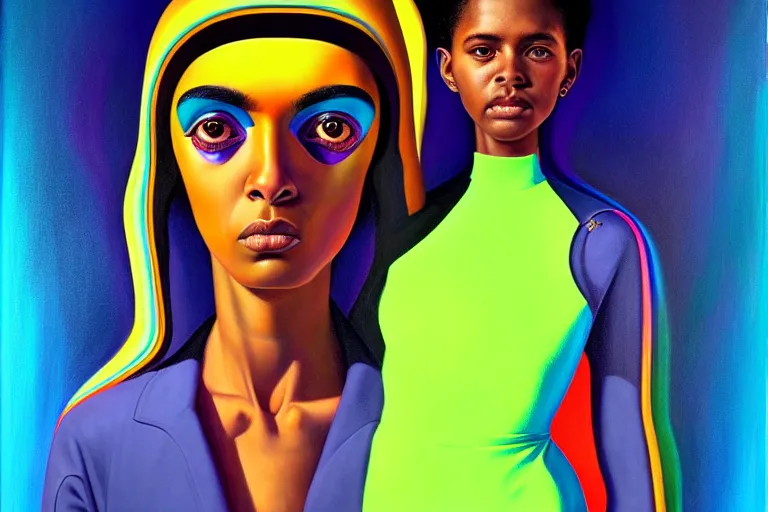 Image similar to patron saint of 🛸🌈👩🏾, futuristic jumpsuit, neon god of city character portrait, in the style of margaret keane, moebius, tom bagshaw, and waterhouse, cinematic lighting, beautiful, elegant, oil painting,