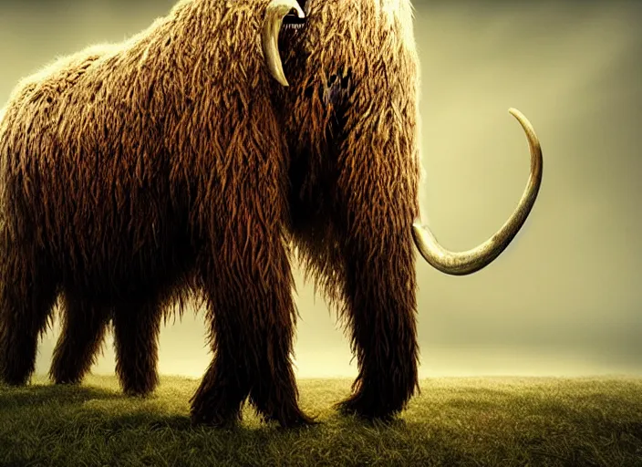 Image similar to hyperrealism, detailed textures, photorealistic, 3 d render, a surreal mystical wooly mammoth grazing, ultra realistic cinematic, intricate, cinematic light, concept art, illustration, art station, unreal engine