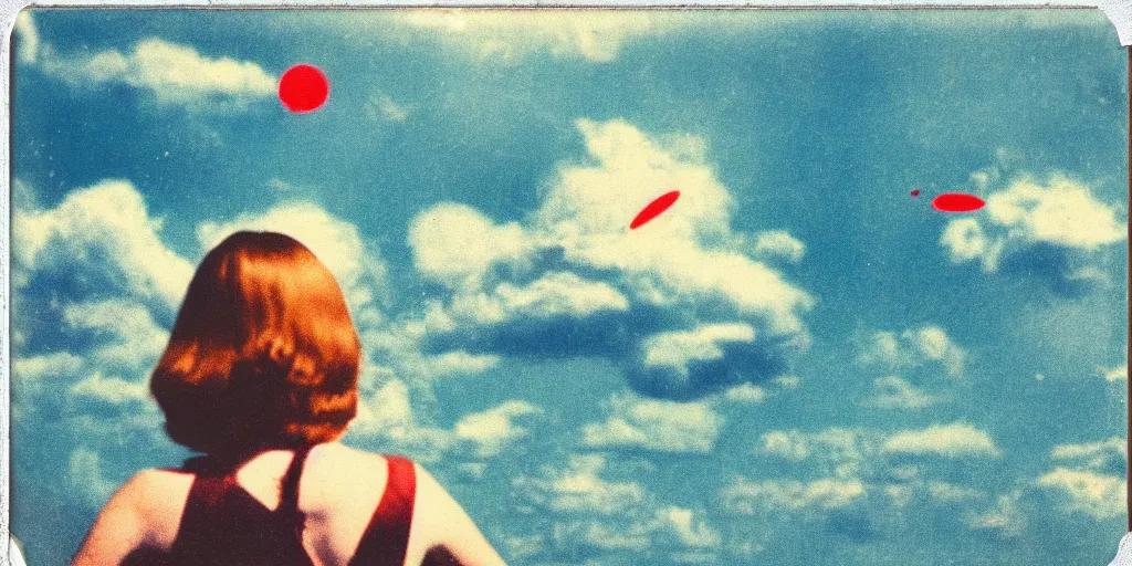 Image similar to vintage polaroid of a beautiful woman spotting a ufo in the sky, seen from behind, detailed clouds, warm azure tones, red color bleed, film grain