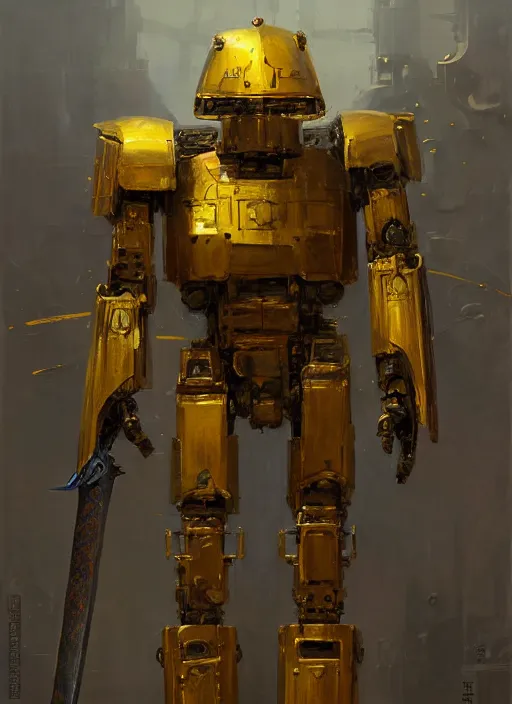 Image similar to human-sized strong intricate yellow pit droid carrying very detailed perfect antique great sword and beautiful large paladin shield, pancake short large head, exposed metal bones, painterly humanoid mecha, epic glorious, by Greg Rutkowski