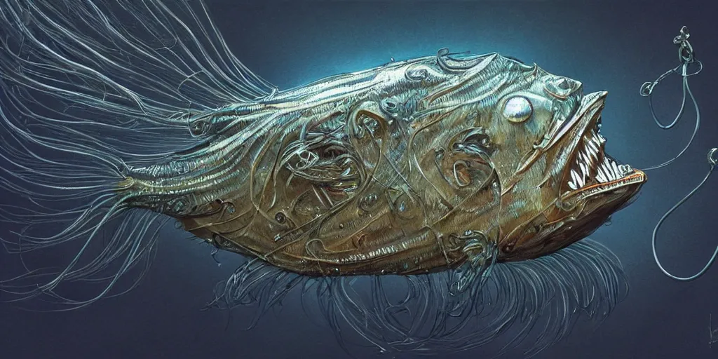 Image similar to angler fish sculpture, stylized layered shapes, long flowing fins, bioluminescent orbs, diffuse lighting, fantasy, intricate, elegant, highly detailed, lifelike, photorealistic, digital painting, artstation, smooth, sharp focus, art by h r giger