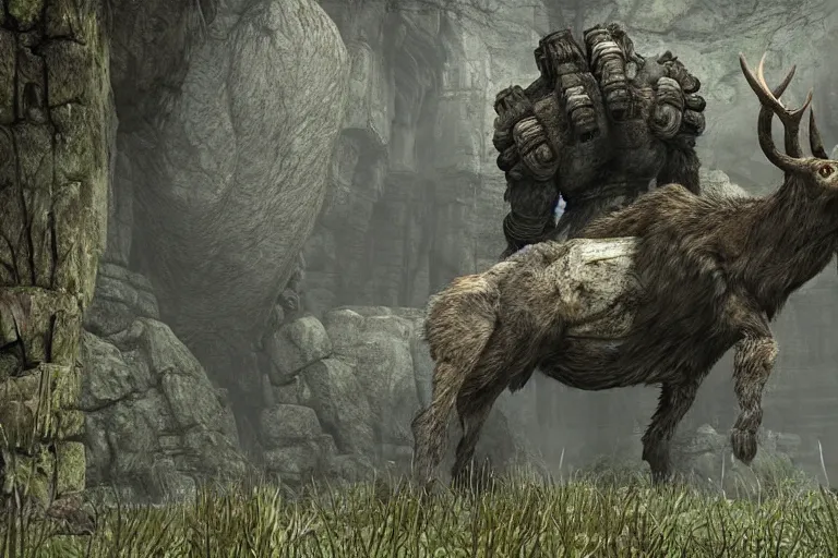 Prompt: massive golem deer from shadow of the colossus, ultra detailed