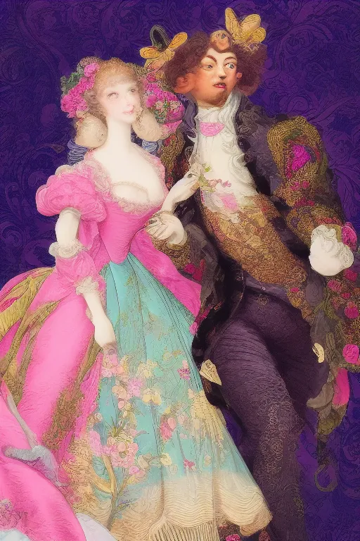 Prompt: victorian image of the rococo style lisa frank image of a famous couple of mixed race in fantastic bespoke clothing haute couture and make up sho murase