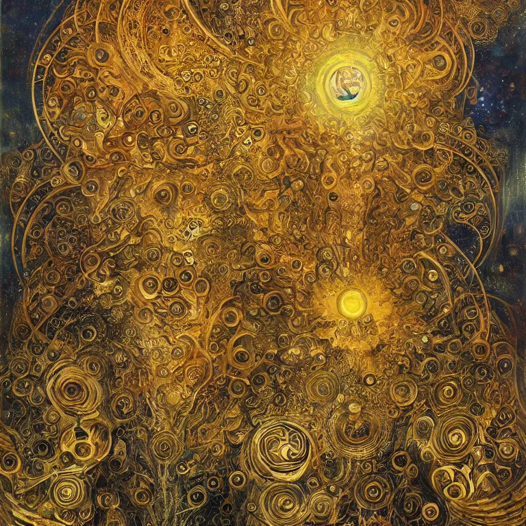 Image similar to Divine Chaos Engine by Karol Bak, Jean Deville, Gustav Klimt, and Vincent Van Gogh, celestial, visionary, sacred fractal structures, ornate gilded medieval icon, spirals