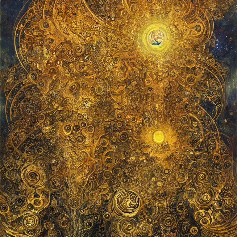 Prompt: Divine Chaos Engine by Karol Bak, Jean Deville, Gustav Klimt, and Vincent Van Gogh, celestial, visionary, sacred fractal structures, ornate gilded medieval icon, spirals