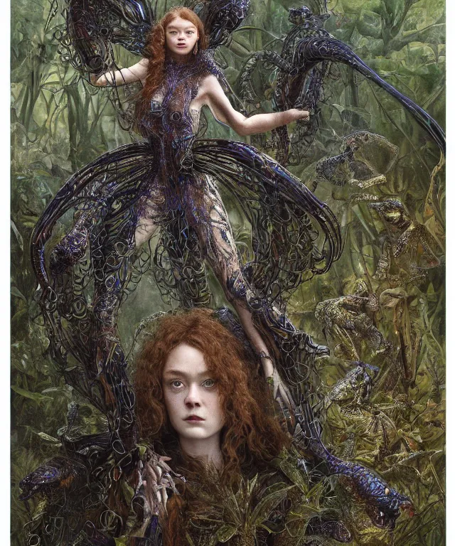 Prompt: a portrait photograph of a fierce sadie sink as a strong alien harpy queen with amphibian skin. she trying on a glowing and dark lace shiny metal slimy organic membrane parasite and transforming into an evil insectoid snake bird. by donato giancola, walton ford, ernst haeckel, peter mohrbacher, hr giger. 8 k, cgsociety