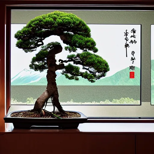 Prompt: bonsai on a elegant ebene table in room with window viewing japanese montains from hill, anatomic description, gems, gold, 8 k, details, studio lighting, realism, complex lights