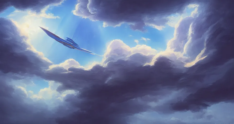 Prompt: landscape : a large wooden sleek fantasy sky - ship flying through the clouds with blue sky, andreas rocha style