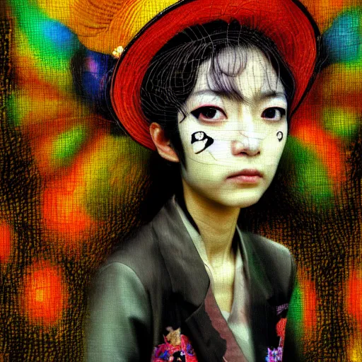 Image similar to yoshitaka amano blurred and dreamy realistic three quarter angle portrait of a mexican woman with short hair and black eyes wearing mariachi suit, junji ito abstract patterns in the background, satoshi kon anime, noisy film grain effect, highly detailed, renaissance oil painting, weird portrait angle, blurred lost edges