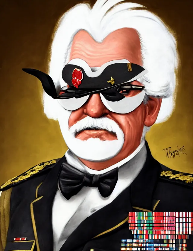 Image similar to a portrait of colonel sanders wearing a military uniform and a black eyepatch over his left eye, by moebius and tyler edlin and hr giger, trending on artstation, digital art, 4 k resolution, detailed, high quality, sharp focus, hq artwork, coherent, insane detail, concept art