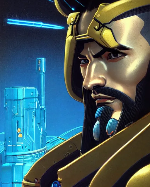 Image similar to hanzo from overwatch, cyber suit, character portrait, portrait, close up, concept art, intricate details, highly detailed, vintage sci - fi poster, retro future, vintage sci - fi art, in the style of chris foss, rodger dean, moebius, michael whelan, and gustave dore