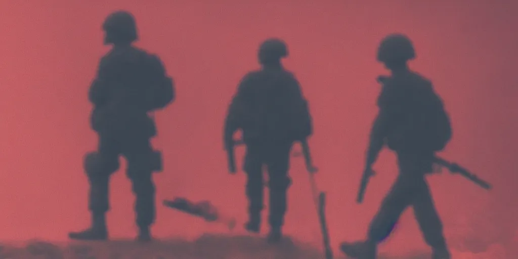 Image similar to a lone soldier walking from behind, cyan and red background, smoke