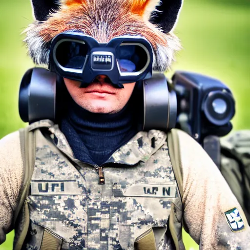 Image similar to a fluffy Fox dressed in a modern American military soldier uniform with night vision goggles, 85mm f/1.4