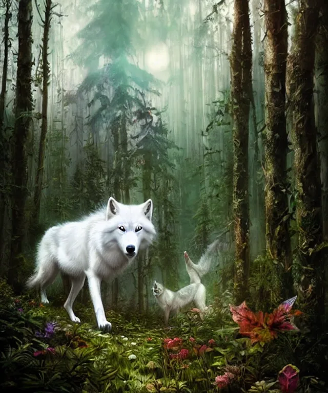 Prompt: a realistic white wolf, walking through a psychedelic forest, wide angle landscape shot, pixar style by tristan eaton, artgerm and tom bagshaw