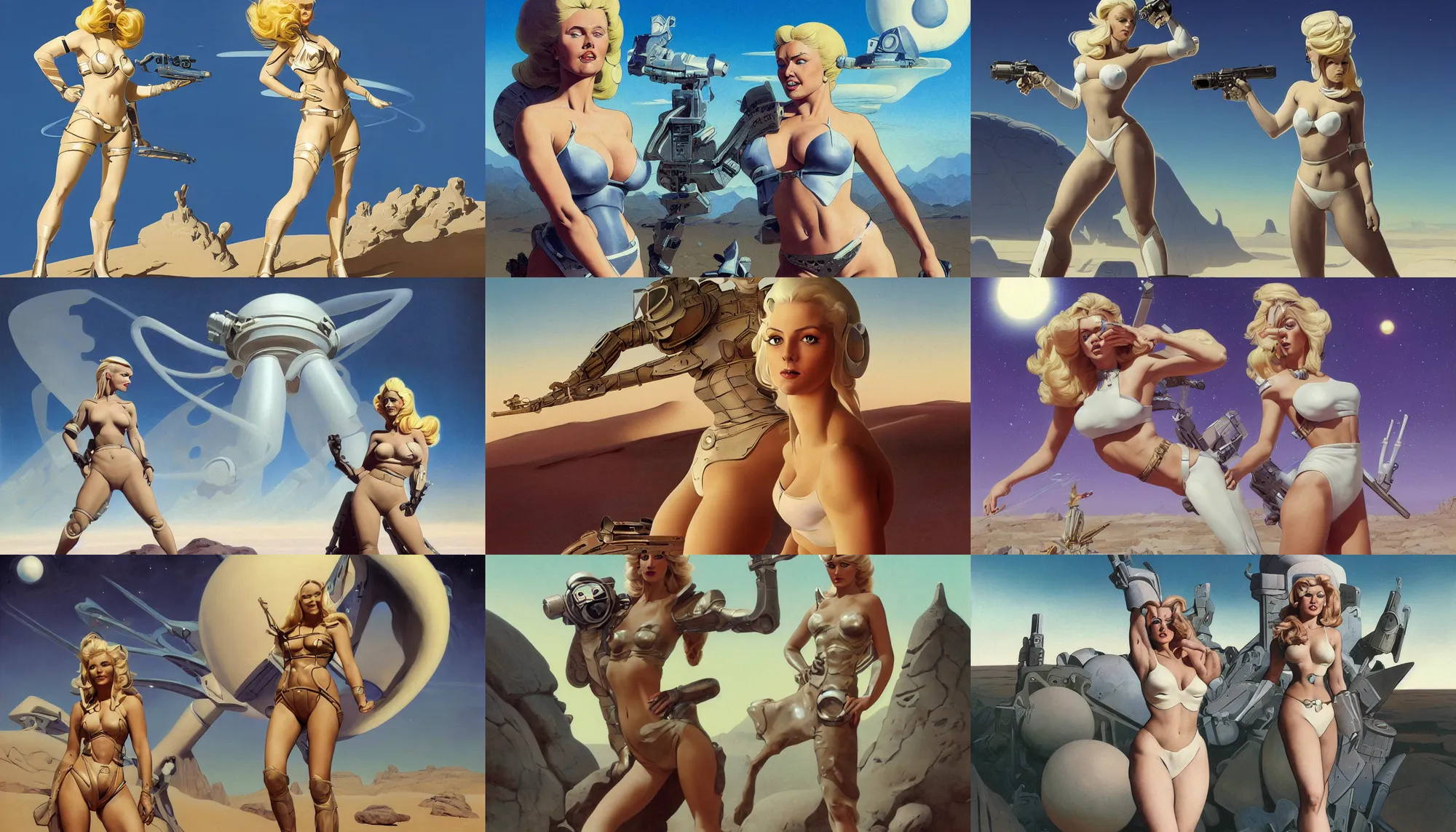 Prompt: A mixed media portrait painting of a beautiful blonde woman posing on a desert alien planet, soldier, curvy, white atomic-space-age style bikini-armor and boots, aesthetic symmetrical face and eyes, Scandinavian, by Boris Vallejo, Beeple, Frank Frazetta, Greg Rutkowski, Christian MacNevin, Alphonse Mucha, epic fantasy character art, high fantasy, CGsociety, 60's Sci-fi Pinup style, exquisite detail, post-processing, masterpiece, cinematic