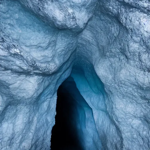 Prompt: deep dark glacier cave, faint blue glow,