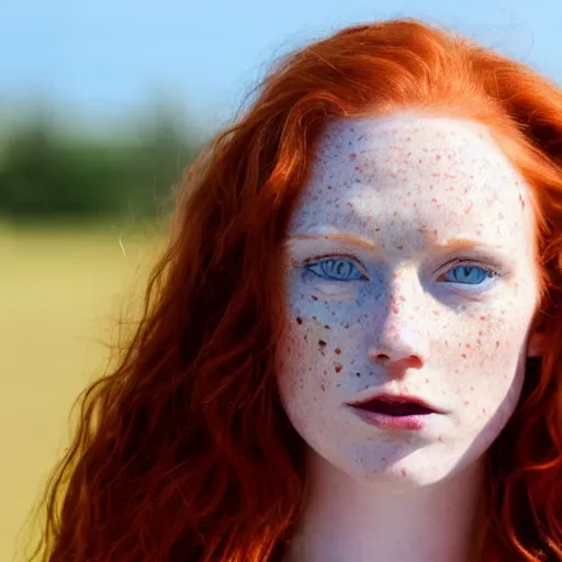 Image similar to Close up photo of the left side of the head of a redhead woman with gorgeous blue eyes and wavy long red hair, red detailed lips and freckles who looks directly at the camera. Slightly open mouth. Whole head visible and covers half of the frame, with a park visible in the background. 135mm nikon.