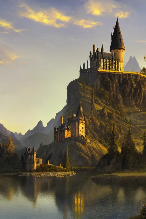 Prompt: epic Hogwarts castle, view from the lake, early sunset, matte painting, by Isaac Levitan and Asher Brown Durand