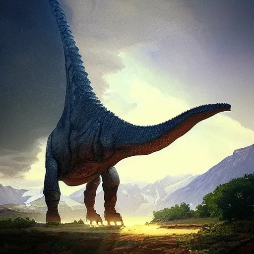 Image similar to “a giant mechanical sauropod dinosaur near mountains, D&D, fantasy, intricate, cinematic lighting, highly detailed, digital painting, artstation, concept art, smooth, sharp focus, illustration, art by Artgerm and Greg Rutkowski and Alphonse Mucha”