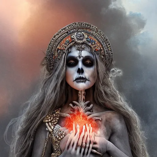 Prompt: a beautiful detailed 3d matte painting of female goddess of the dead, ominous, magical realism, texture, intricate, ornate, royally decorated, skull, skeleton, whirling smoke, embers, red adornements, 8k