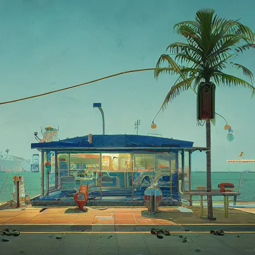 Image similar to inside seaside diner with palm trees by simon stalenhag