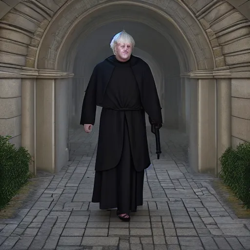 Image similar to Boris Johnson with Nuns body, realistic artstyle, wide shot, dramatic lighting, octane render, hyperrealistic, high quality, highly detailed, HD, beautiful, cinematic, 8k, unreal engine, facial accuracy, symmetrical