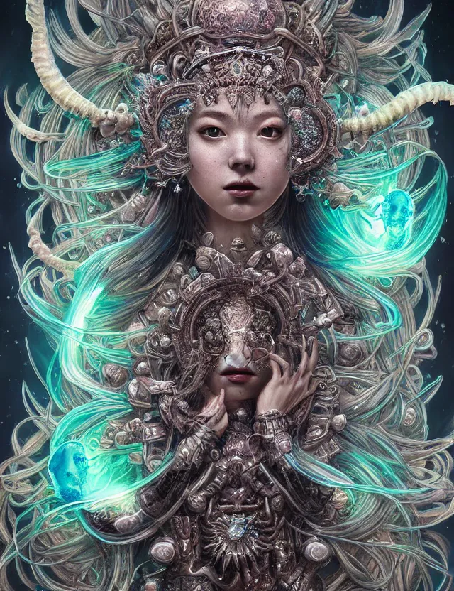 Image similar to goddess macro shouler portrait from bottom to top in crown made of ram skull. betta fish, jellyfish phoenix, bioluminiscent, plasma, ice, water, wind, creature, super intricate ornaments artwork by tooth wu and wlop and shofff and greg rutkowski