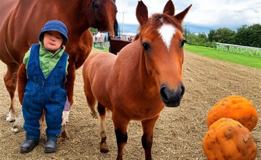 Image similar to peter the sweet potato. peter looking at camera horse half cat