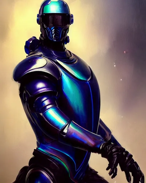 Image similar to character concept of iridescent sinewy smooth muscular male sleek glossy bluish black pearlescent scifi armor with smooth black featureless helmet, by greg rutkowski, mark brookes, jim burns, tom bagshaw, magali villeneuve, eve ventrue, trending on artstation