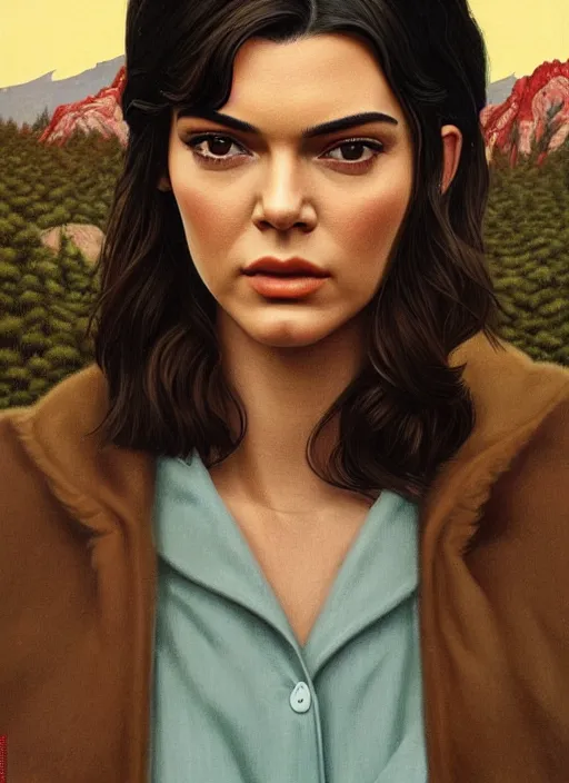 Prompt: twin peaks movie poster art, portrait of kendall jenner, from scene from twin peaks, clean, simple illustration, nostalgic, domestic, highly detailed, digital painting, artstation, concept art, smooth, sharp focus, illustration, artgerm, donato giancola, joseph christian leyendecker, wlop