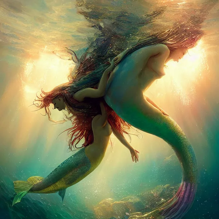 Prompt: glimmering mermaid swimming underwater, golden hour, god rays, coral reef, dreamscape by artgerm and ruan jia and ismail inceoglu and greg olsen, cosmos, milky way galaxy, masterpiece, beautiful, intricate, elegant, highly detailed, palm trees