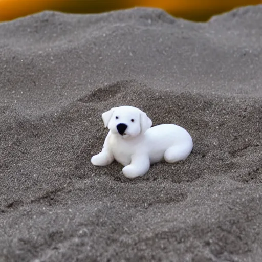 Prompt: a miniature white puppy action figure in the sand, with sunset, photo realistic, well detailed