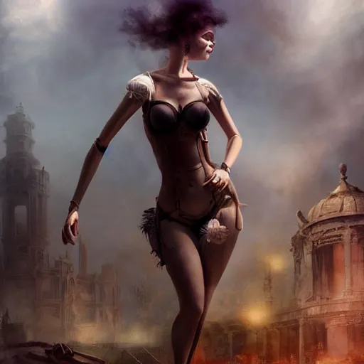 Prompt: By Tom Bagshaw, Abstract tech, a very beautiful steampunk female body portrait in bra and hotpants, ruins by night, symmetric body features proportions, horror, volumetric clouds and fog, focus, detailed, realistic eyes looking at camera, symmetric body features proportions, golden ratio, intricate details, award winning, unreal render