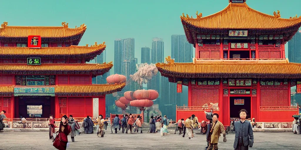 Prompt: a very high resolution image from a new movie, upside - down old chinese pavilion and cyberpunk city, beautiful scenery, photorealistic, photography, directed by wes anderson