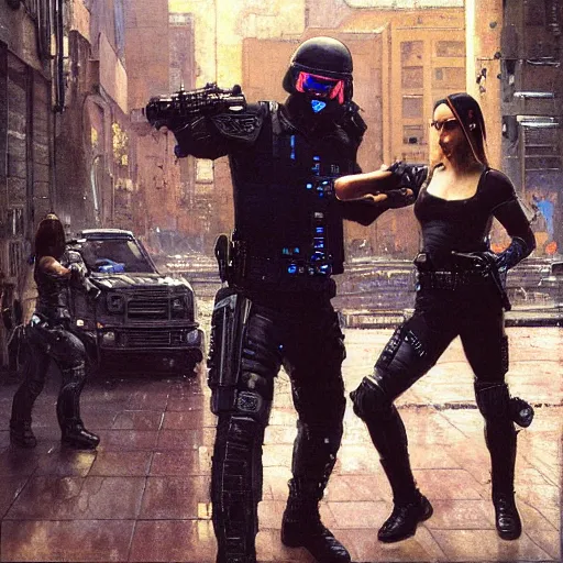 Image similar to Maria evades sgt rhodes. Cyberpunk hacker escaping Menacing Cyberpunk police trooper wearing a combat vest. (dystopian, police state, Cyberpunk 2077, bladerunner 2049). Iranian orientalist portrait by john william waterhouse and Edwin Longsden Long and Theodore Ralli and Nasreddine Dinet, oil on canvas. Cinematic, vivid colors, hyper realism, realistic proportions, dramatic lighting, high detail 4k