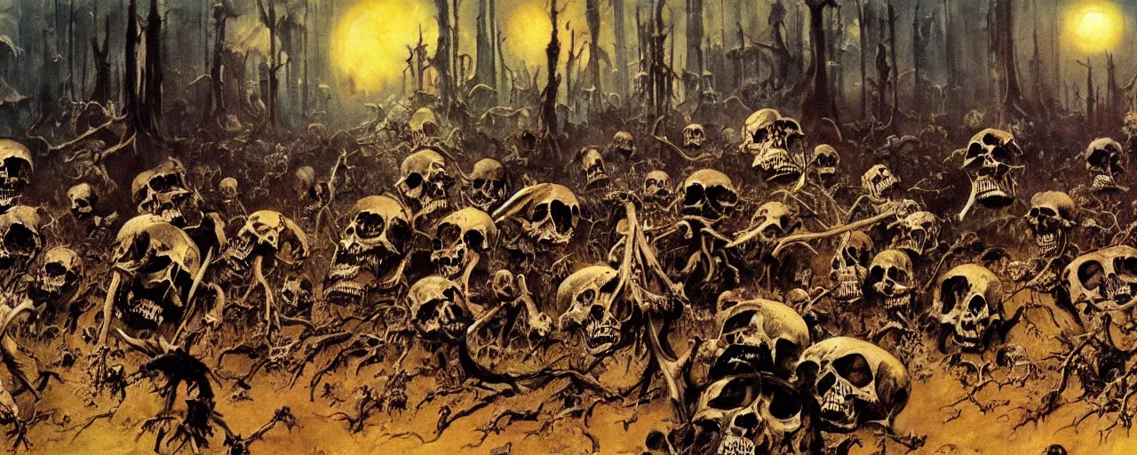 Prompt: frazetta painting of forest of souls filled with skeletons on the ground, nighttime ,daytime , backlight , detailed visible brushmarks