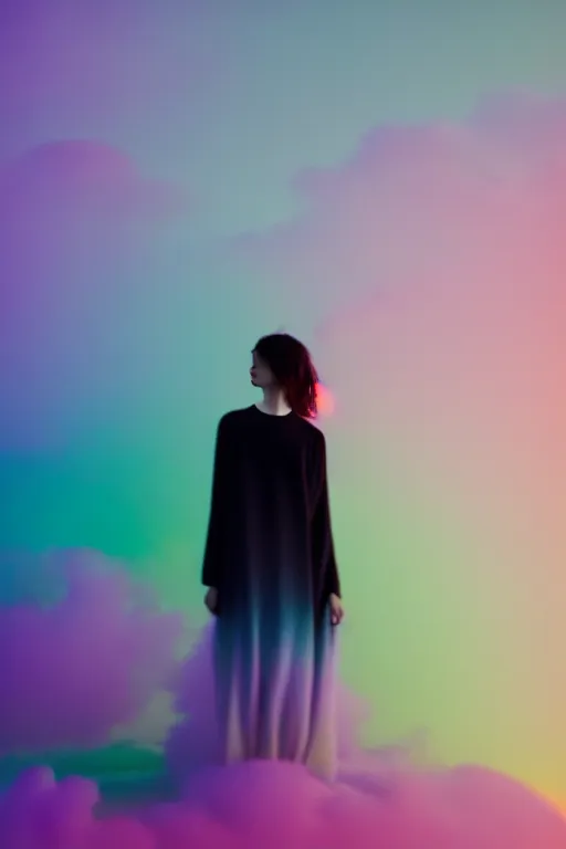 Image similar to high quality pastel coloured film photograph of a model wearing black clothing resting on cloud furniture clouds in a haze filled dreamstate world. three point light, rainbow. photographic production. art directed. pastel colours. volumetric clouds. pastel gradient overlay. waves glitch artefacts. 8 k. filmic.