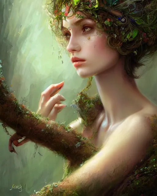 Prompt: dryad, perfect face, accompanied by a cute feathered mouse cinematic, stunning, highly detailed, digital painting, artstation, smooth, hard focus, illustration, art by jessica rossier and brian froud