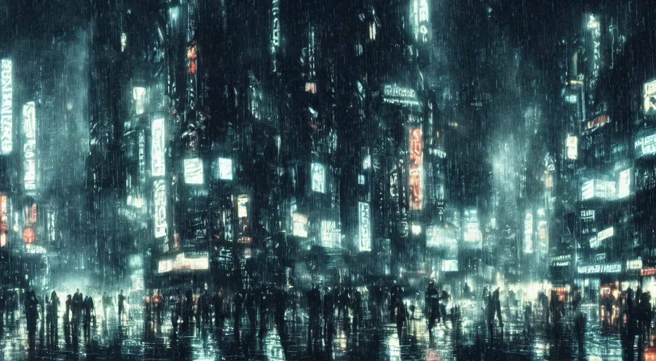Prompt: a dramatic scene from blade runner film, with brutalist city scape and crowded streets at rainy night