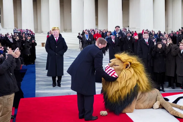 Image similar to photo of the usa presidential inauguration, a lion fursuiter being inaugurated as president