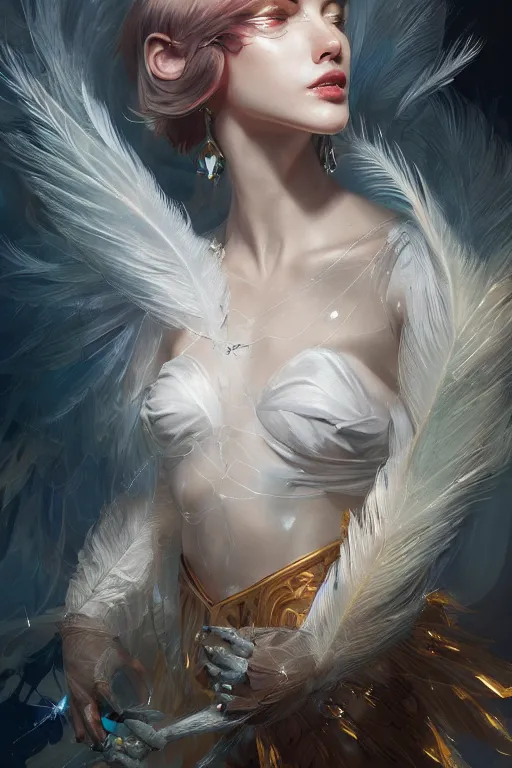 Prompt: beautiful model wearing crystal white feathers, diamonds, angel, fantasy, dramatic lighting, highly detailed, digital painting, holding electricity, magic the gathering, hyper detailed, 3 d render, hyper realistic detailed portrait, peter mohrbacher, wlop, ruan jia