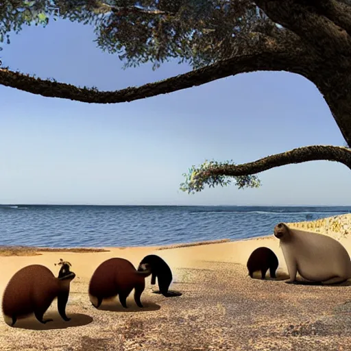 Prompt: capybaras camping on the seaside by yuga labs and by matt groening